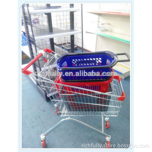 Wholesale 45L Supermarket plastic shopping basket with castors & handle